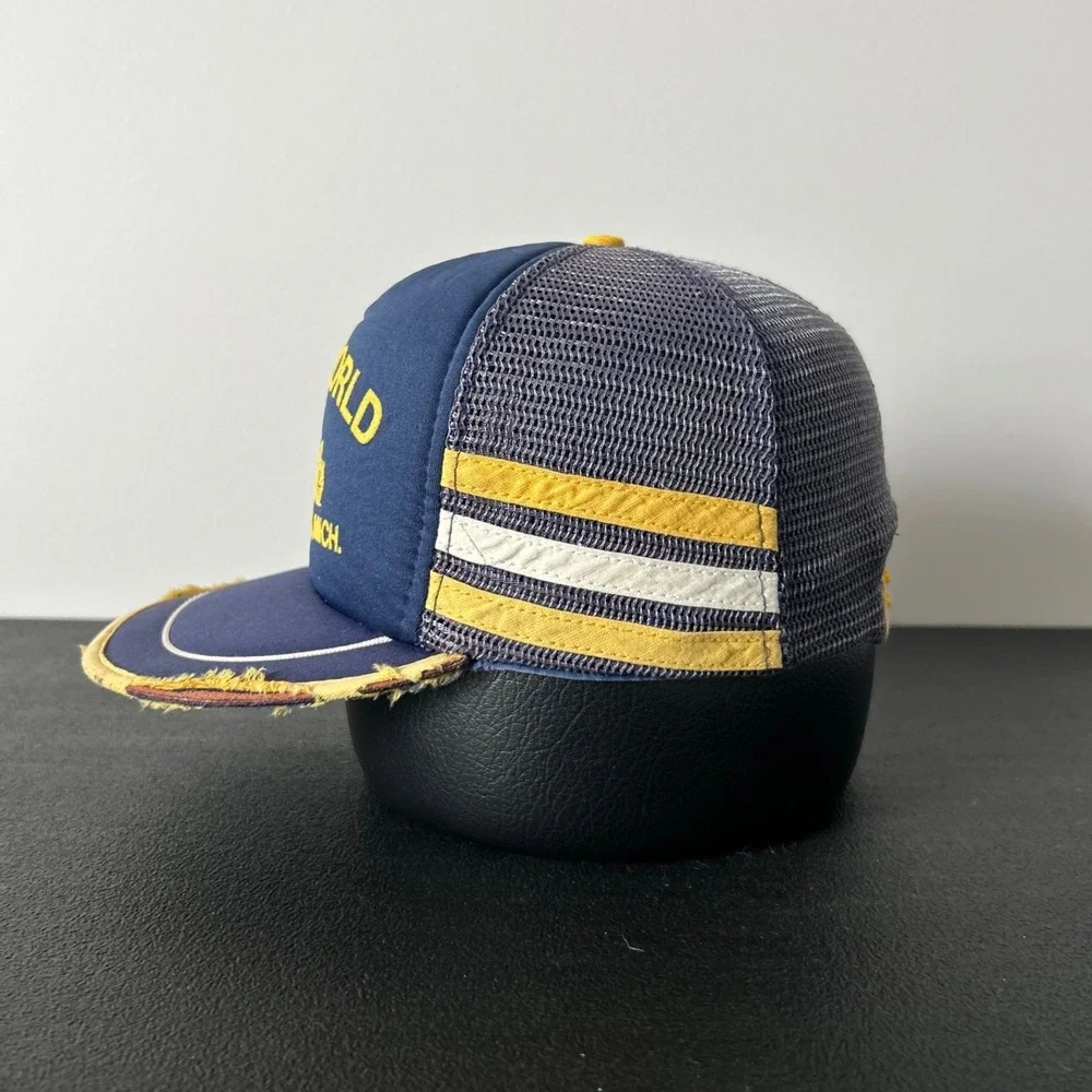 Vintage 80s Hobby World 3 Stripe Trucker Hat Cap Snap Back Adjustable Blue GR MI